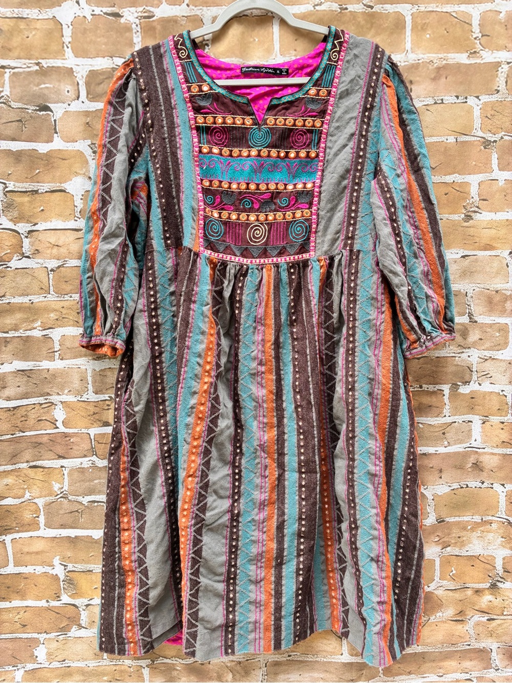 Gudrun Sjoden XL woven metallic cotton wool Embroidered Stripe kurta Dress - Picture 3 of 6